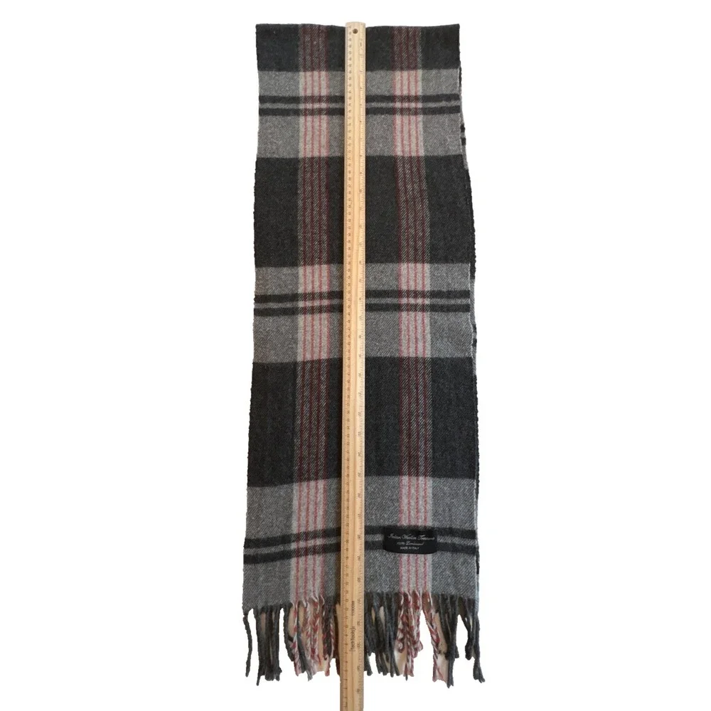 Italian Woollen Treasures Scarf 100% Lambswool Plaid Soft Cozy Black Grey Red